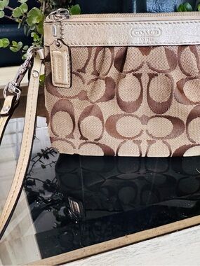 Coach Beige and Brown Signature Wristlet Clutch